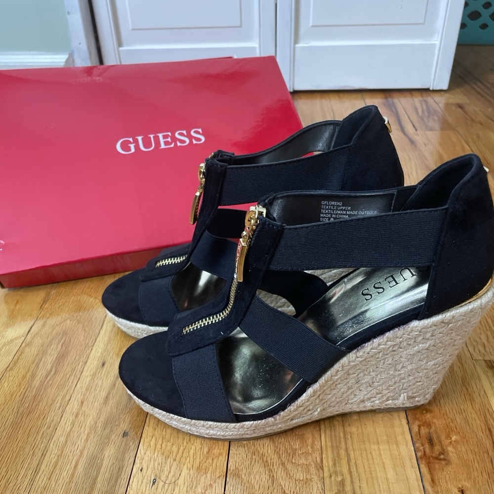 Guess Black and Gold Wedge Sandals